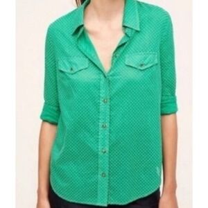 Maeve Anthropologie Button Down Shirt Green‎ Polka Dot Roll Tab Sleeve